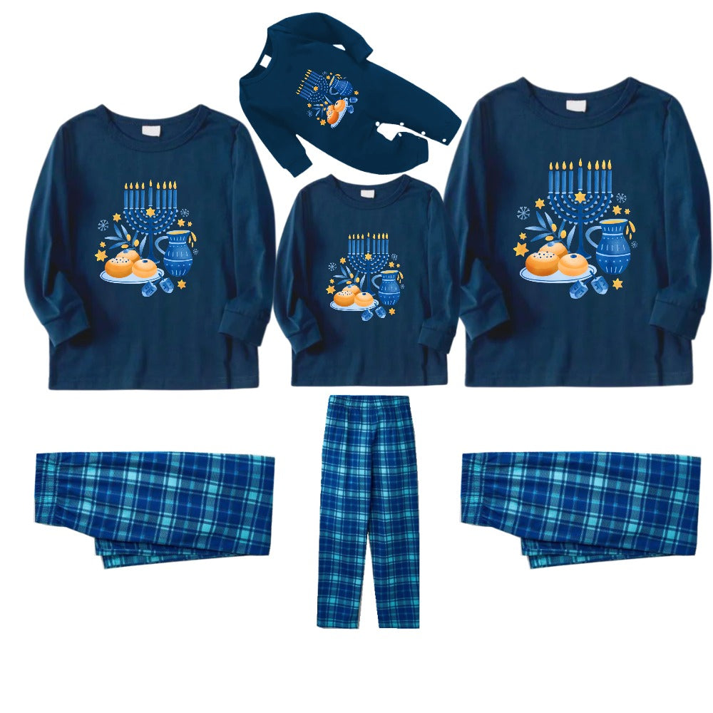 Family Hanukkah Holiday Sleepwear Blue Plaid Pajamas Set