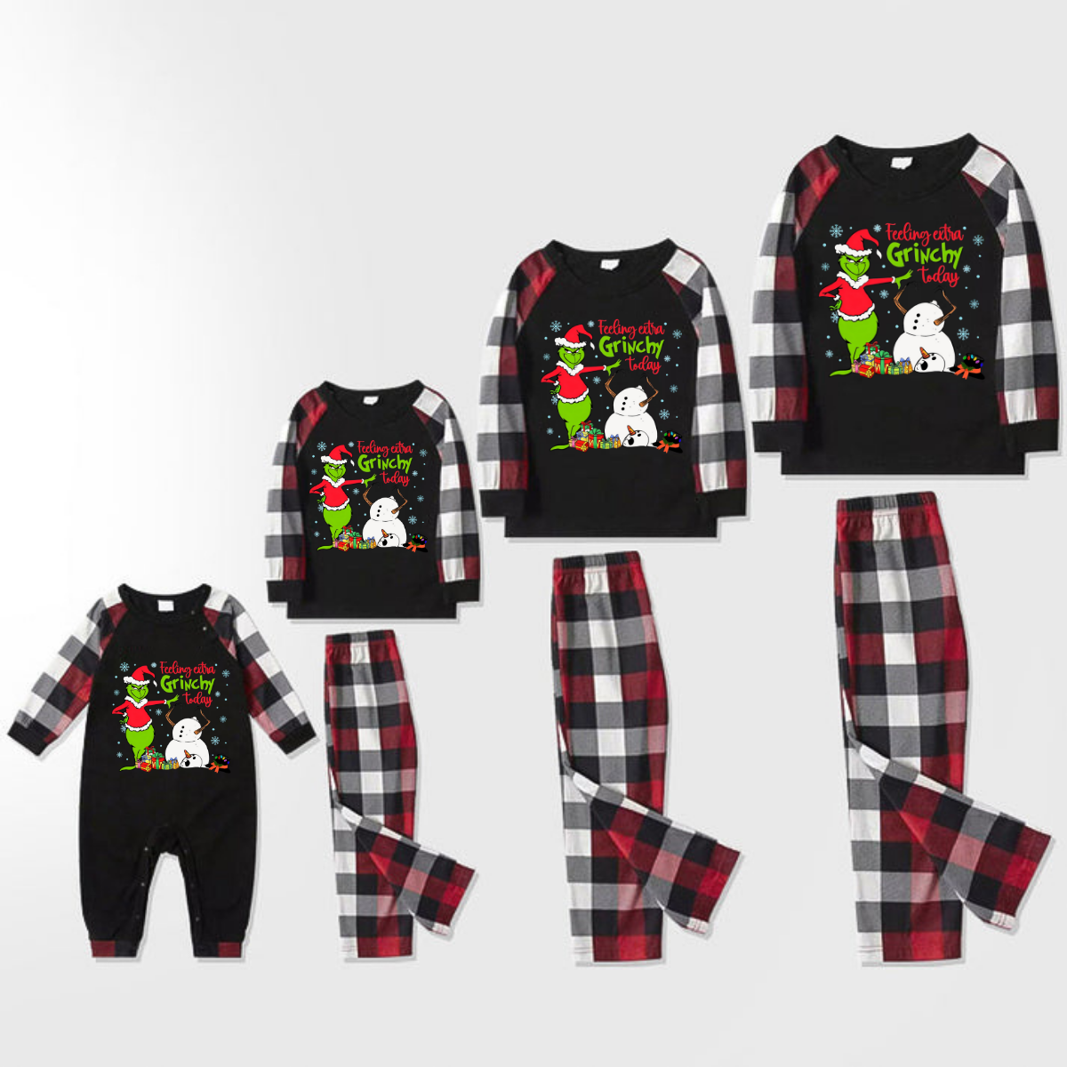 Red and Gray Plaid Christmas Pajamas Set With Grinch and Snowman Print