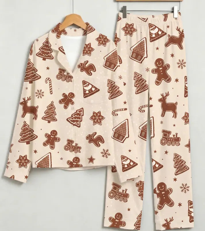 Gingerbread House & Festive Cookie Pattern Matching Family Pajama Set, Button-Down Cotton Loungewear