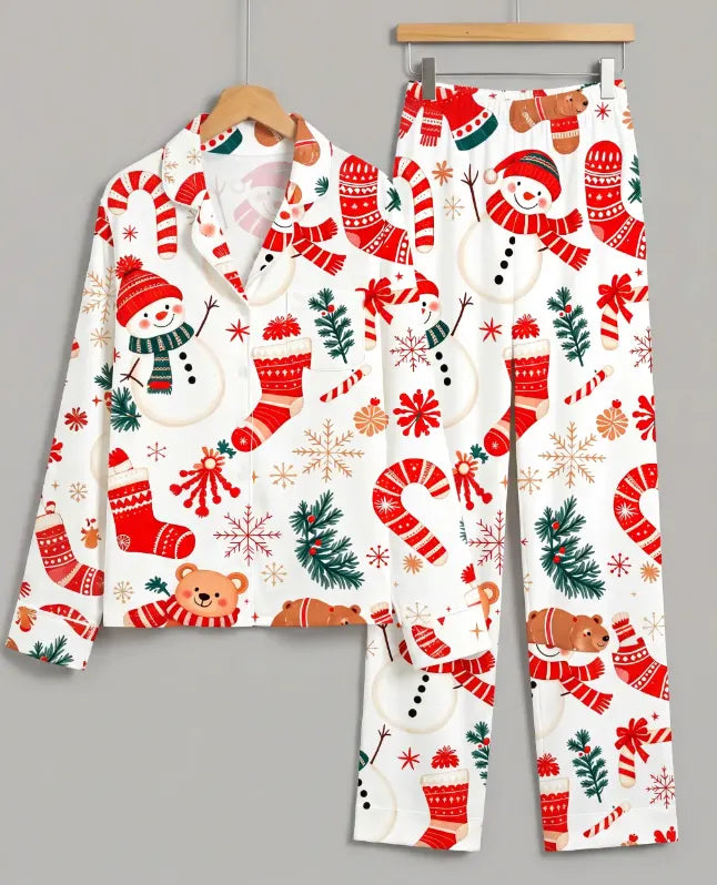 Snowman & Holiday Bear Print Matching Family Pajama Set, Button-Down Cotton Loungewear