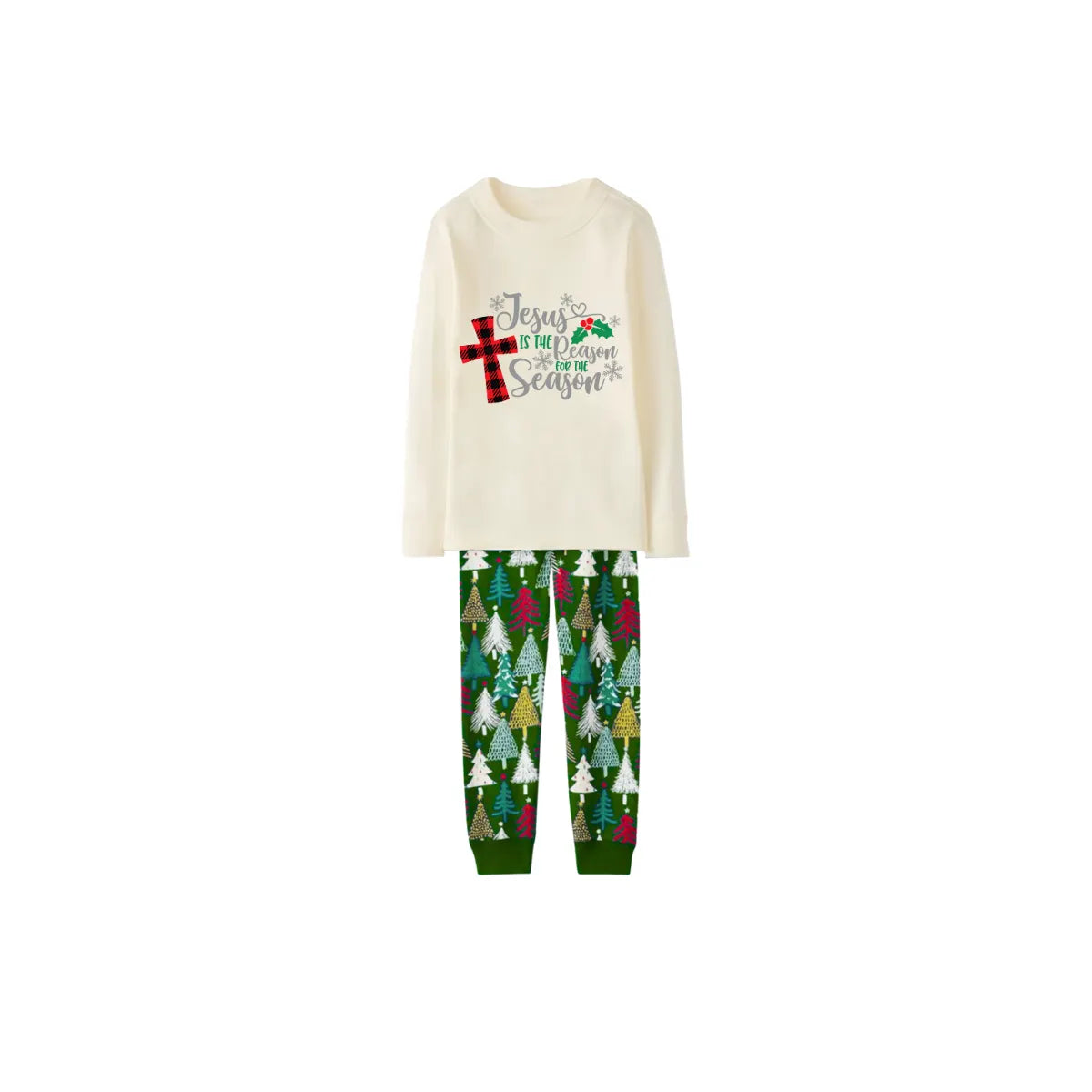 Matching Family Christmas Pajamas Jesus Is the Reason, Cream & Tree Pattern