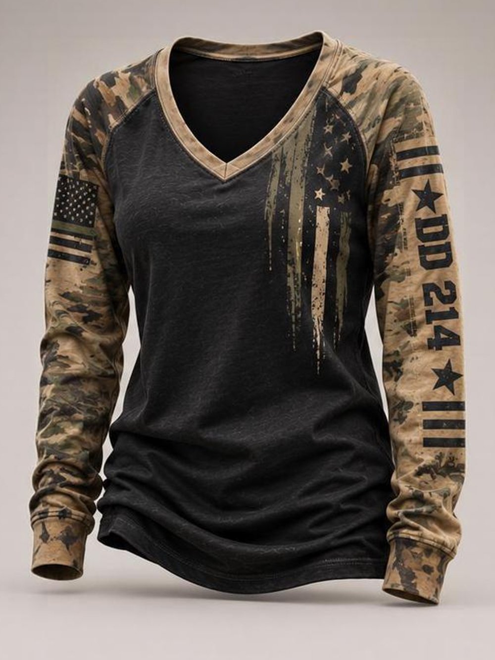 Women's Casual "DD214 America Official Woman Card" Print V-Neck Long-Sleeve T-Shirt