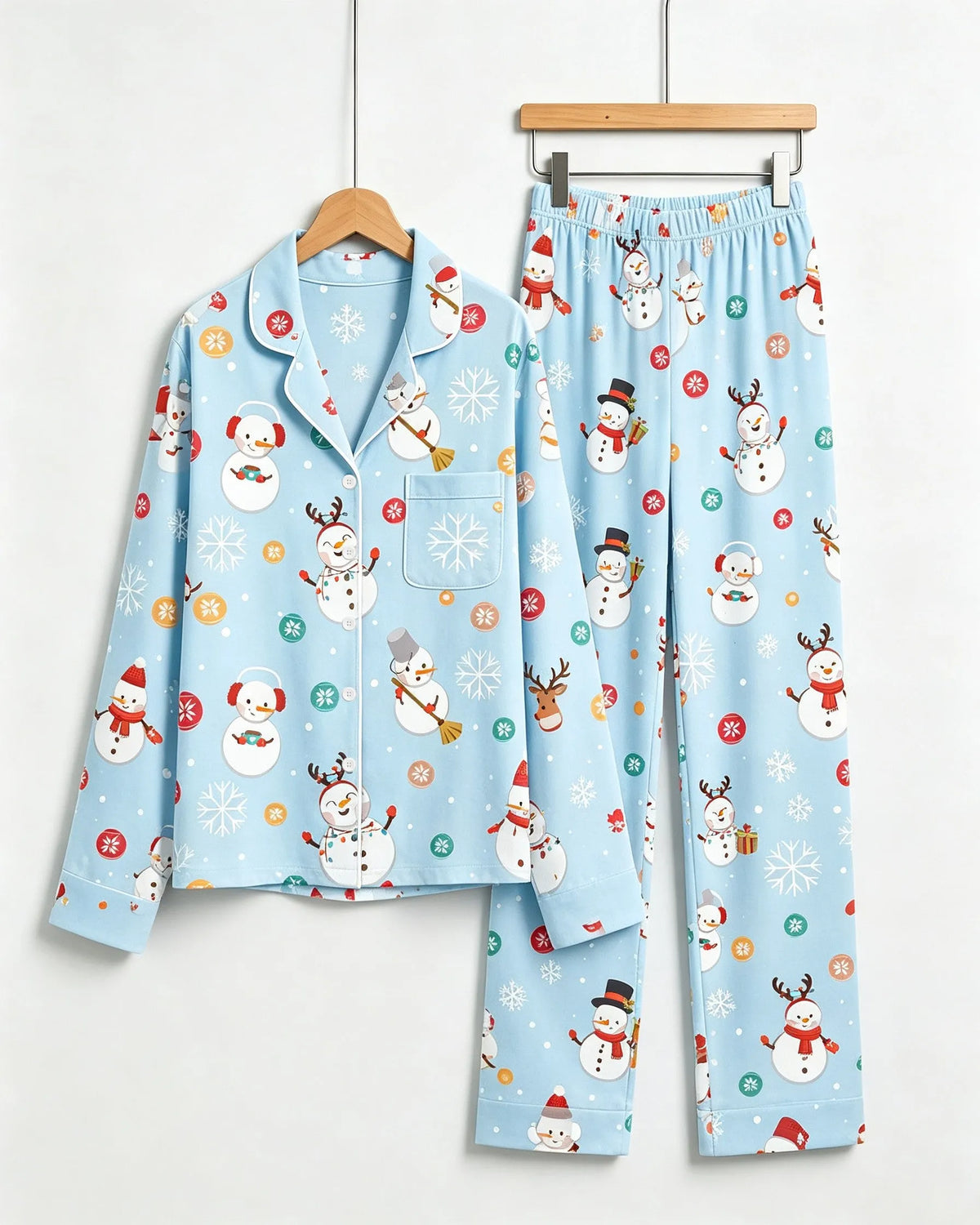 Matching Family Christmas Pajamas - Light Blue Cute Snowman & Reindeer Button-Down Sleep Set