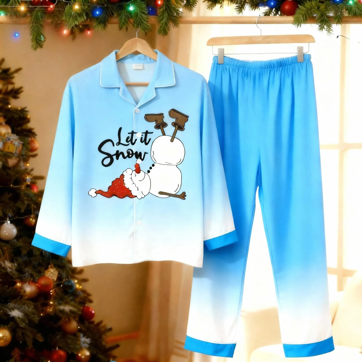 Gradient Color Snowman Button-Up Family Christmas Pajamas Set