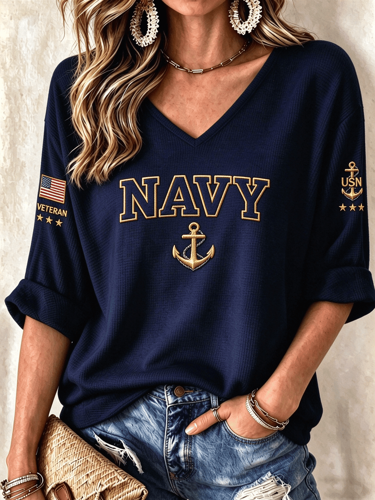 Women's American Veterans Leisure Print Waffle Top