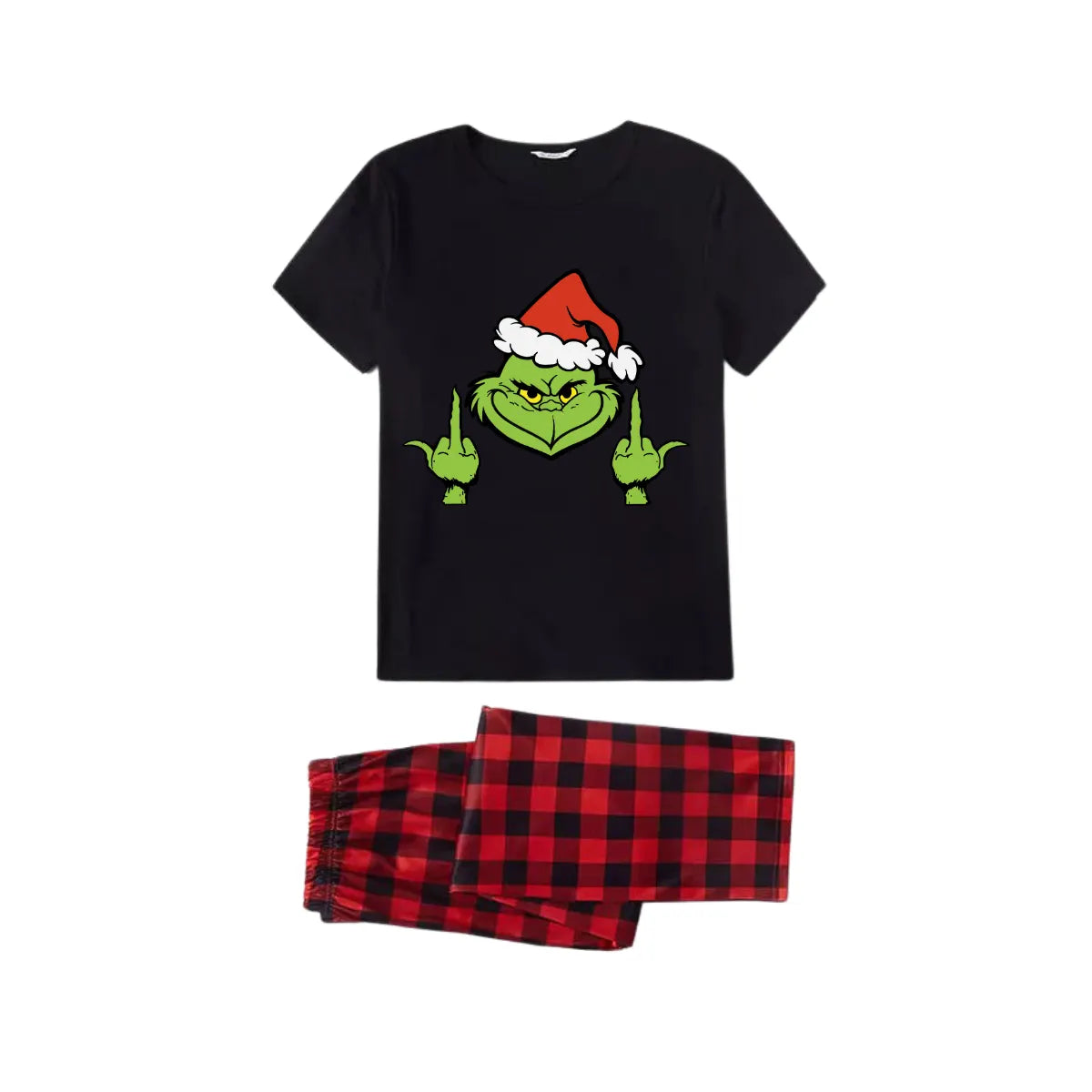 Grinch Middle Finger Family Pajamas Set - Black Top Red Pants Red Plaid Sleeves Grinch Face with Santa Hat and Gesture Print