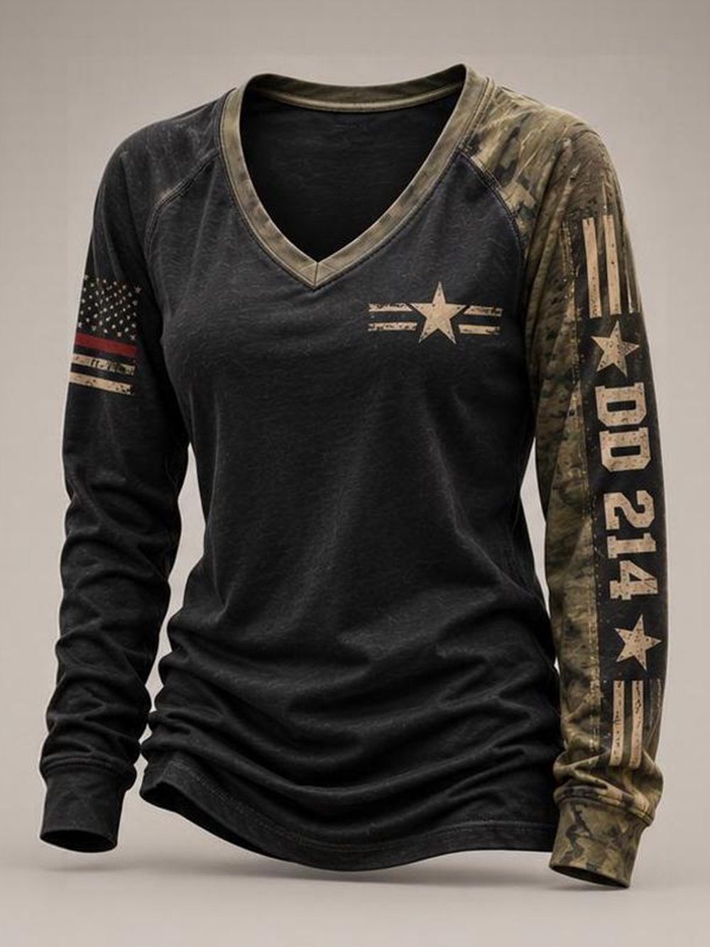 Women's Casual "DD214 America Official Woman Card" Print V-Neck Long-Sleeve T-Shirt