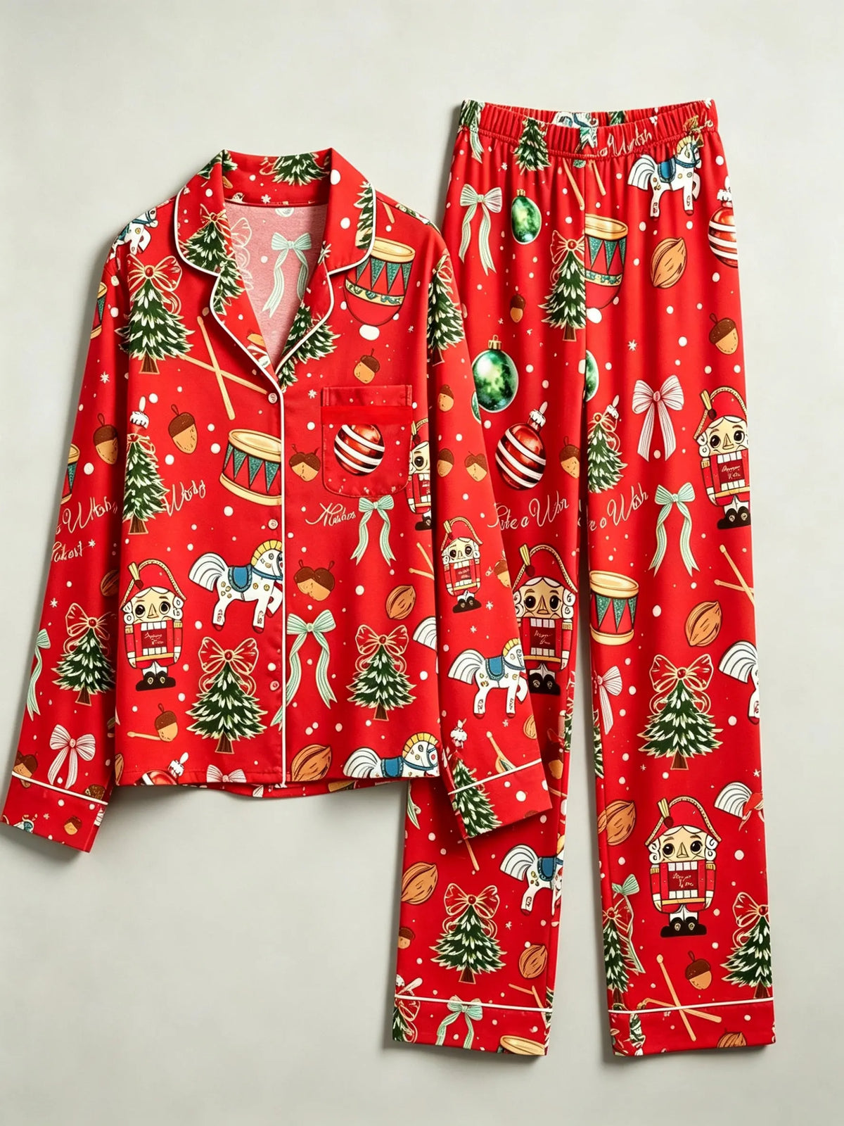 Festive Nutcracker & Holiday Toy Print Matching Family Pajama Set, Button-Down Cotton Loungewear