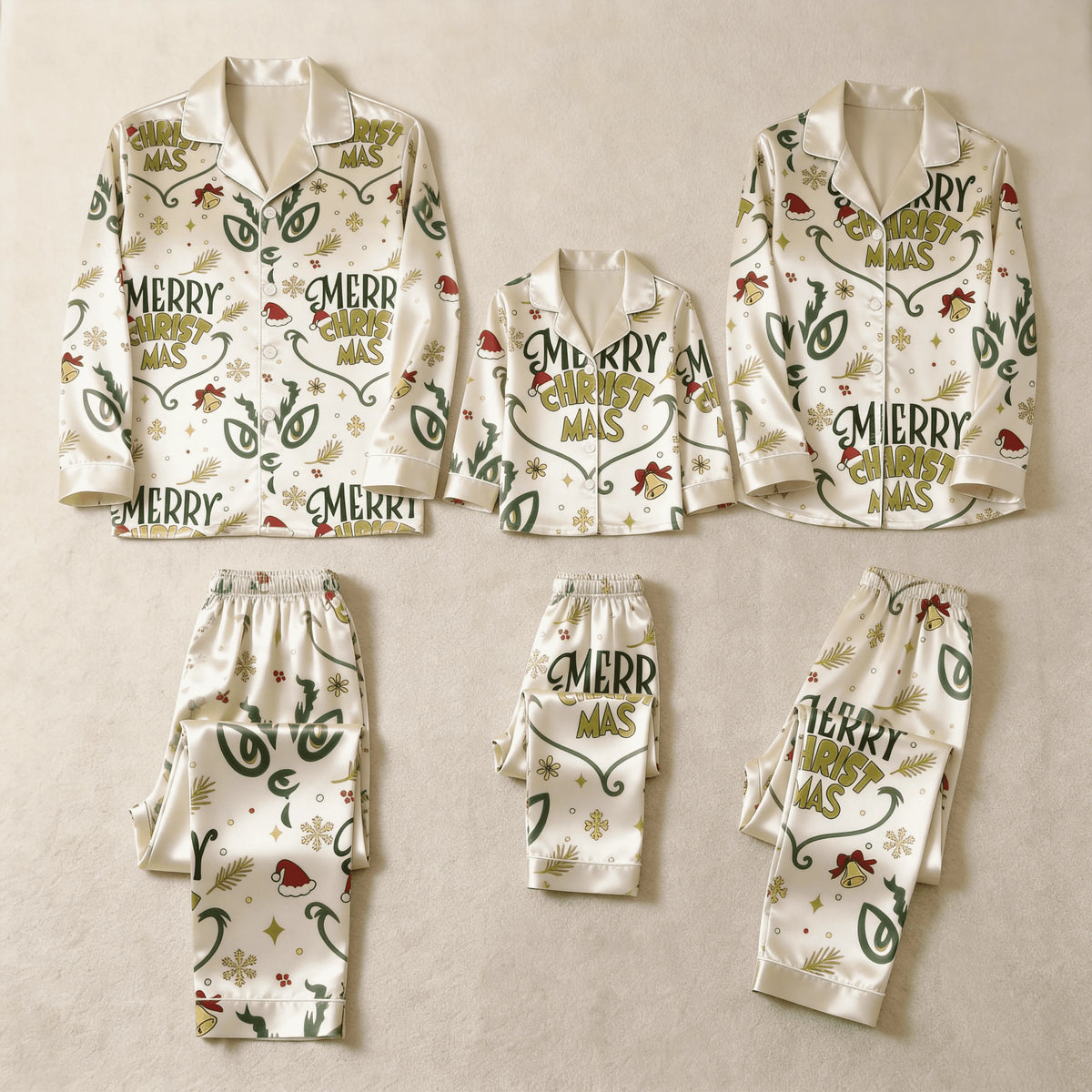 Merry Christmas Letter & Festive Icon Print Satin Button-Up Family Pajamas Set