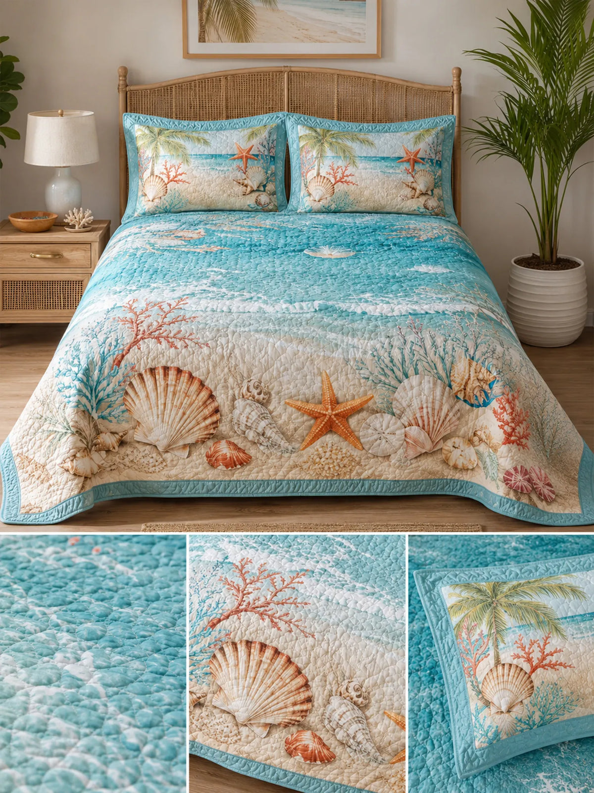 Seashells and Starfish on the Shore 3-Piece Quilted Bedding Set