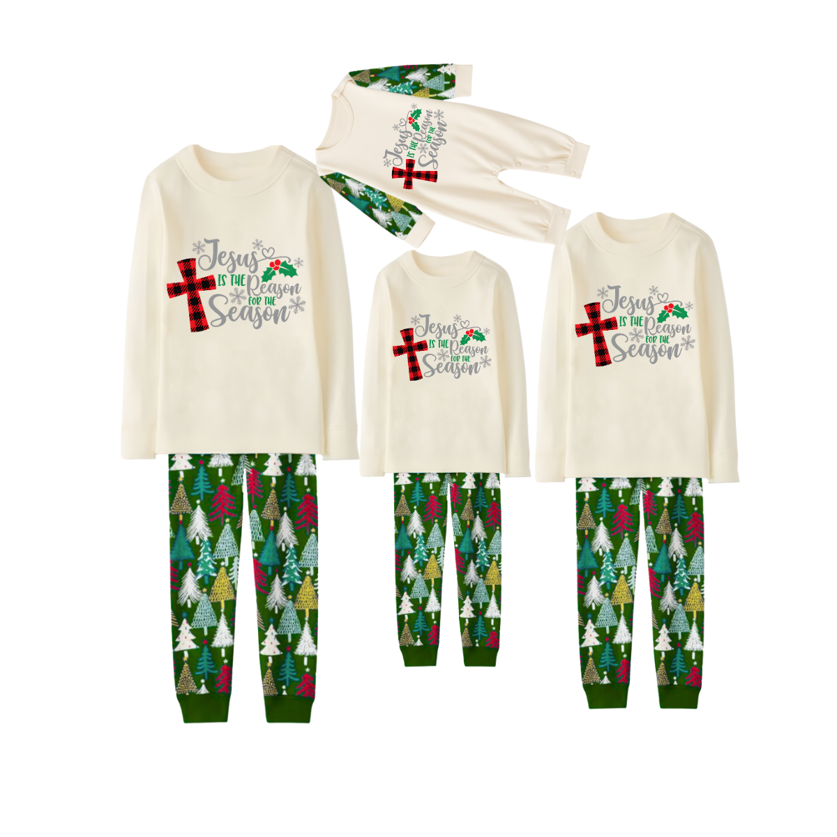 Matching Family Christmas Pajamas Jesus Is the Reason, Cream & Tree Pattern