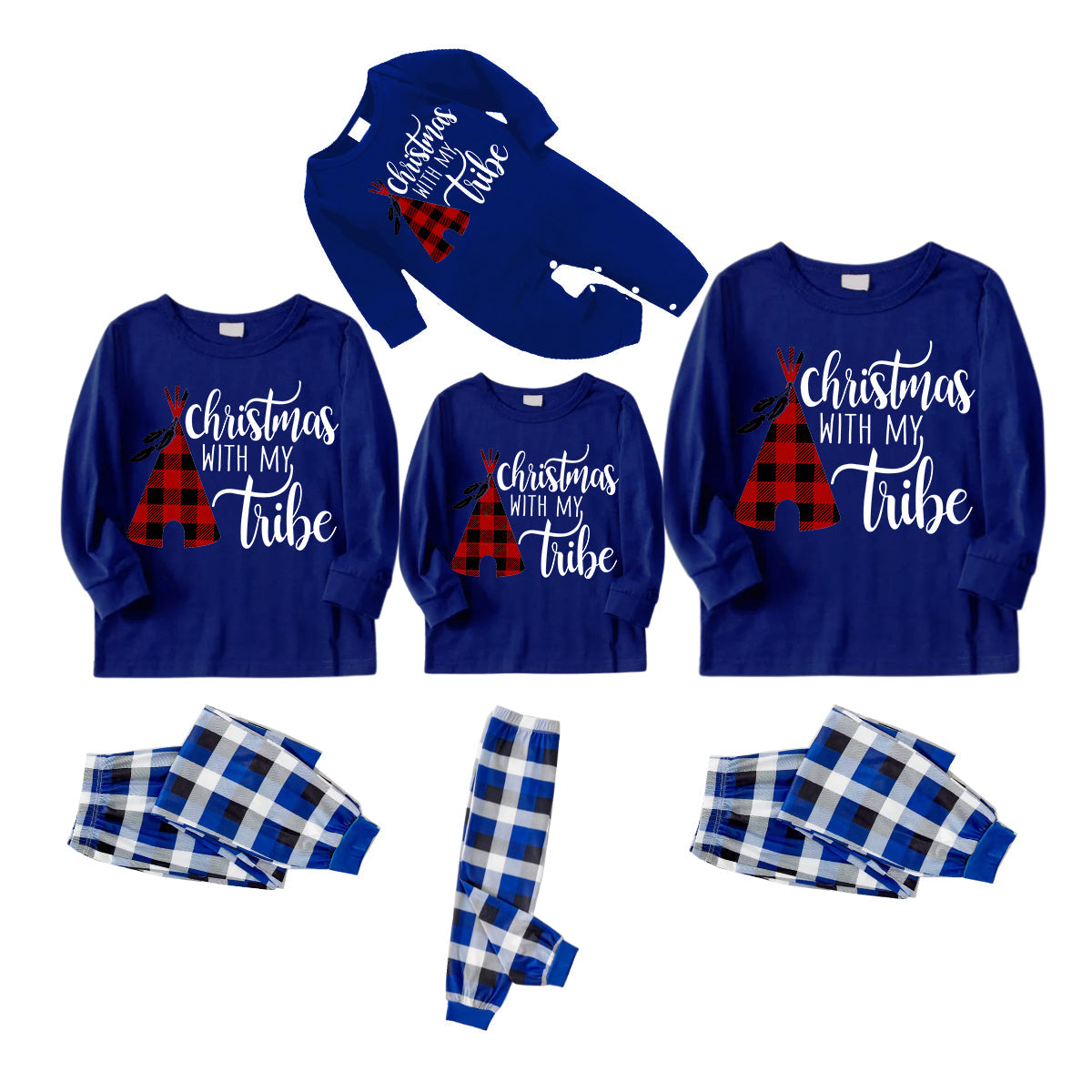 "Christmas With My Tribe" Pattern Blue Long Sleeves with Blue&White&Black Plaid Pants Family Matching Pajamas