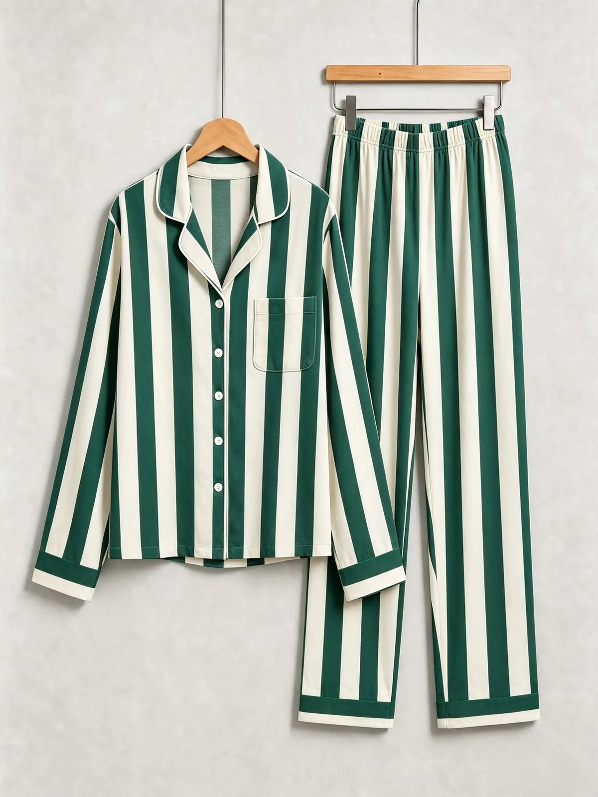 Matching Family Pajamas - Dark Green & Off-White Wide Vertical Striped Button up Pajamas
