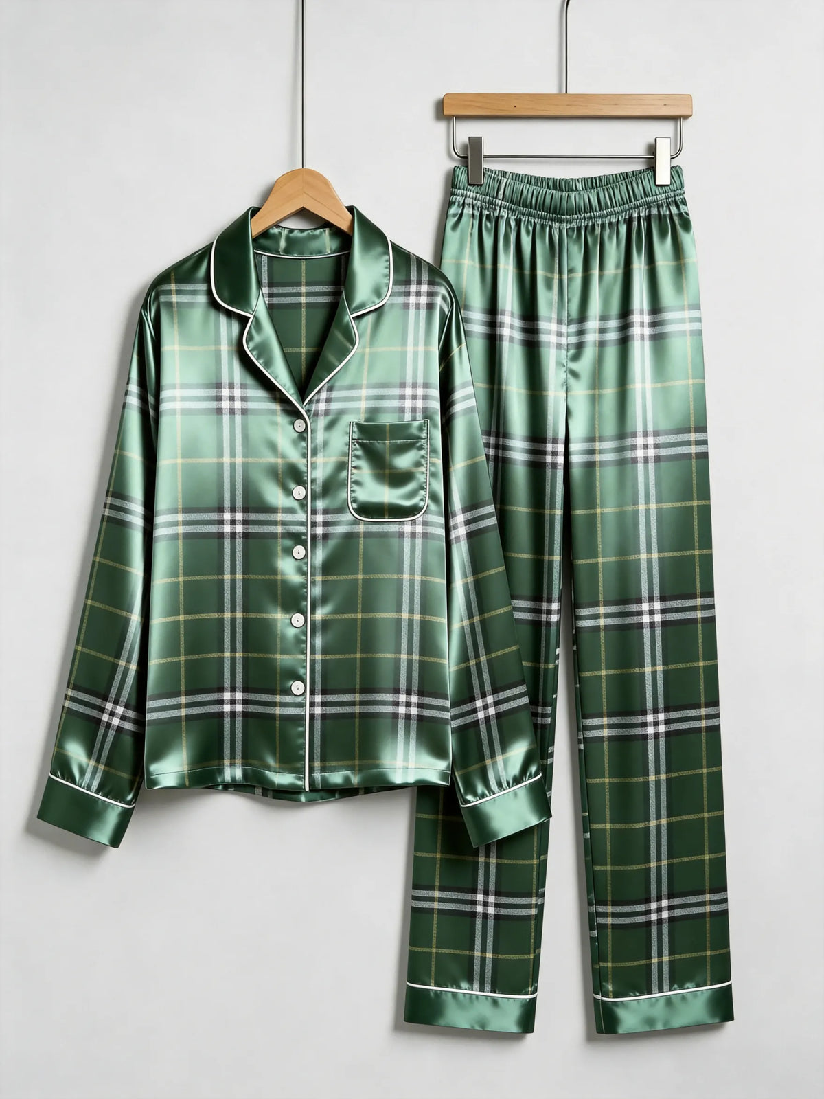 Emerald Green Plaid Holiday Family Satin Pajama Set Luxury Family Sleepwear