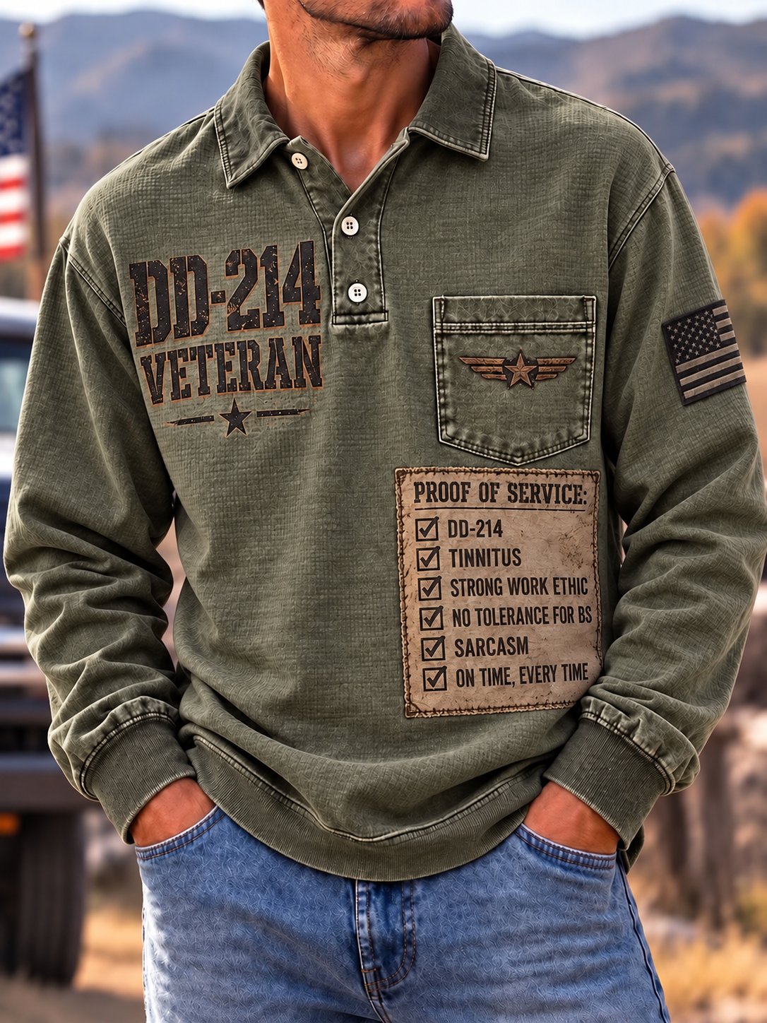 Men's Veteran DD-214 Print Long-Sleeve Polo Shirt