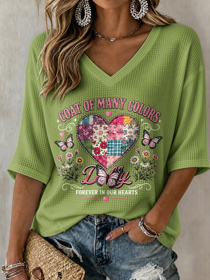 V-Neck Retro Coat Of Many Colors Forever In Our Hearts Print T-Shirt