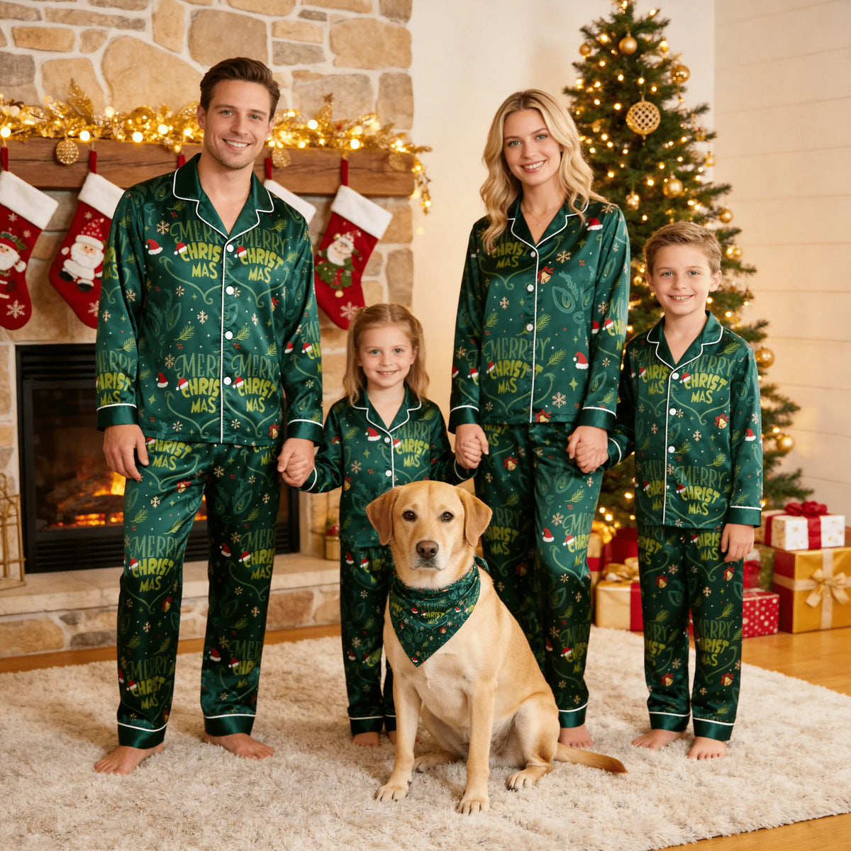 Merry Christmas Letter & Festive Icon Print Green Satin Button-Up Family Pajamas Set