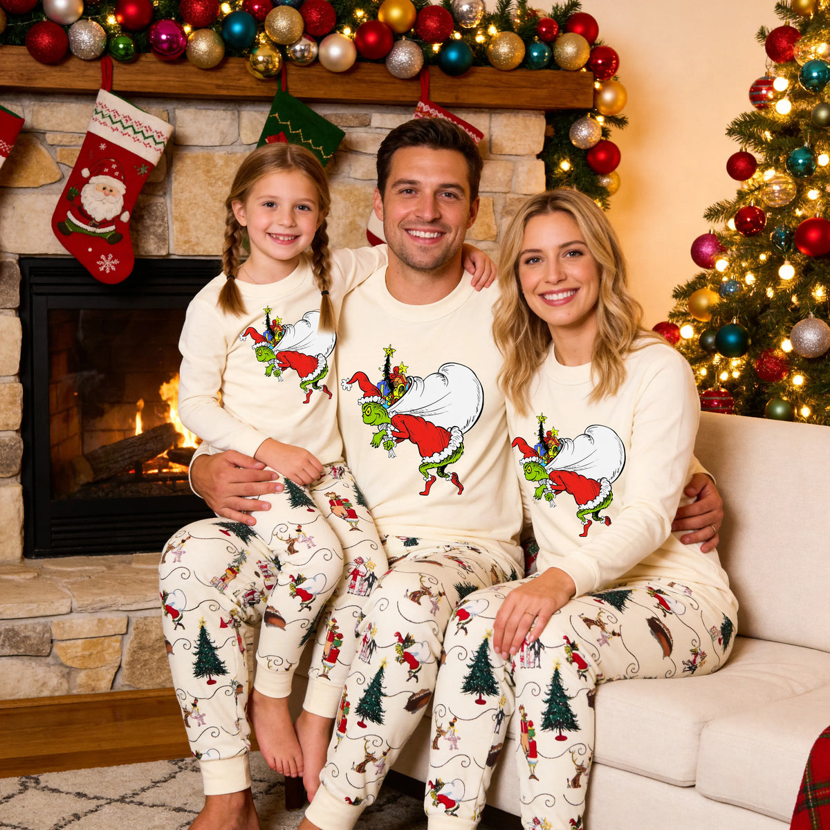 Grinch Family Christmas Pajamas | Cream Matching Holiday Sleepwear Set