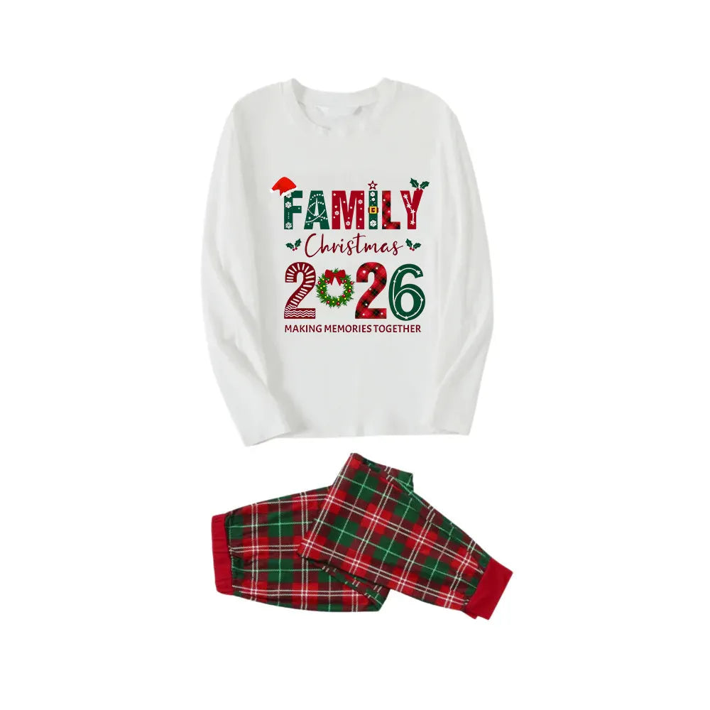 Christmas Pattern and “Family Christmas 2026” Colorful Printed Red and Green Plaid Christmas Pajama Set