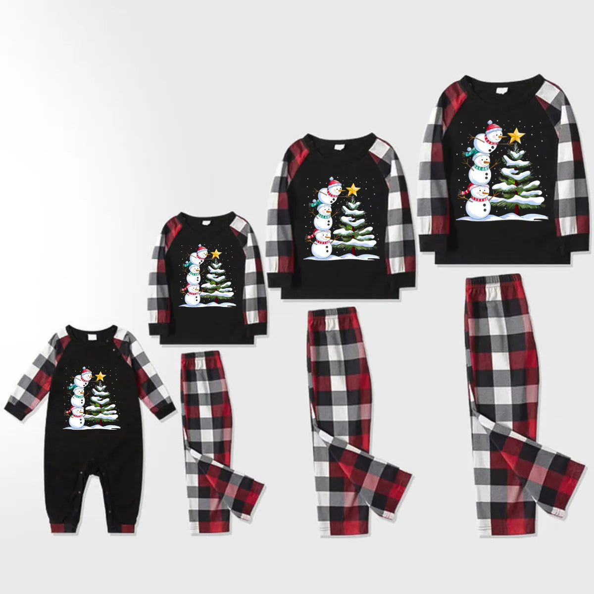 Red and Gray Plaid Christmas Pajamas Set with Snowman & Christmas Tree Print