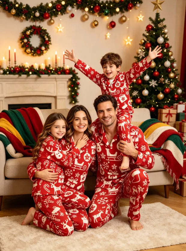Holiday Reindeer & Festive Icon Print Matching Family Pajama Set, Button-Down Cotton Loungewear
