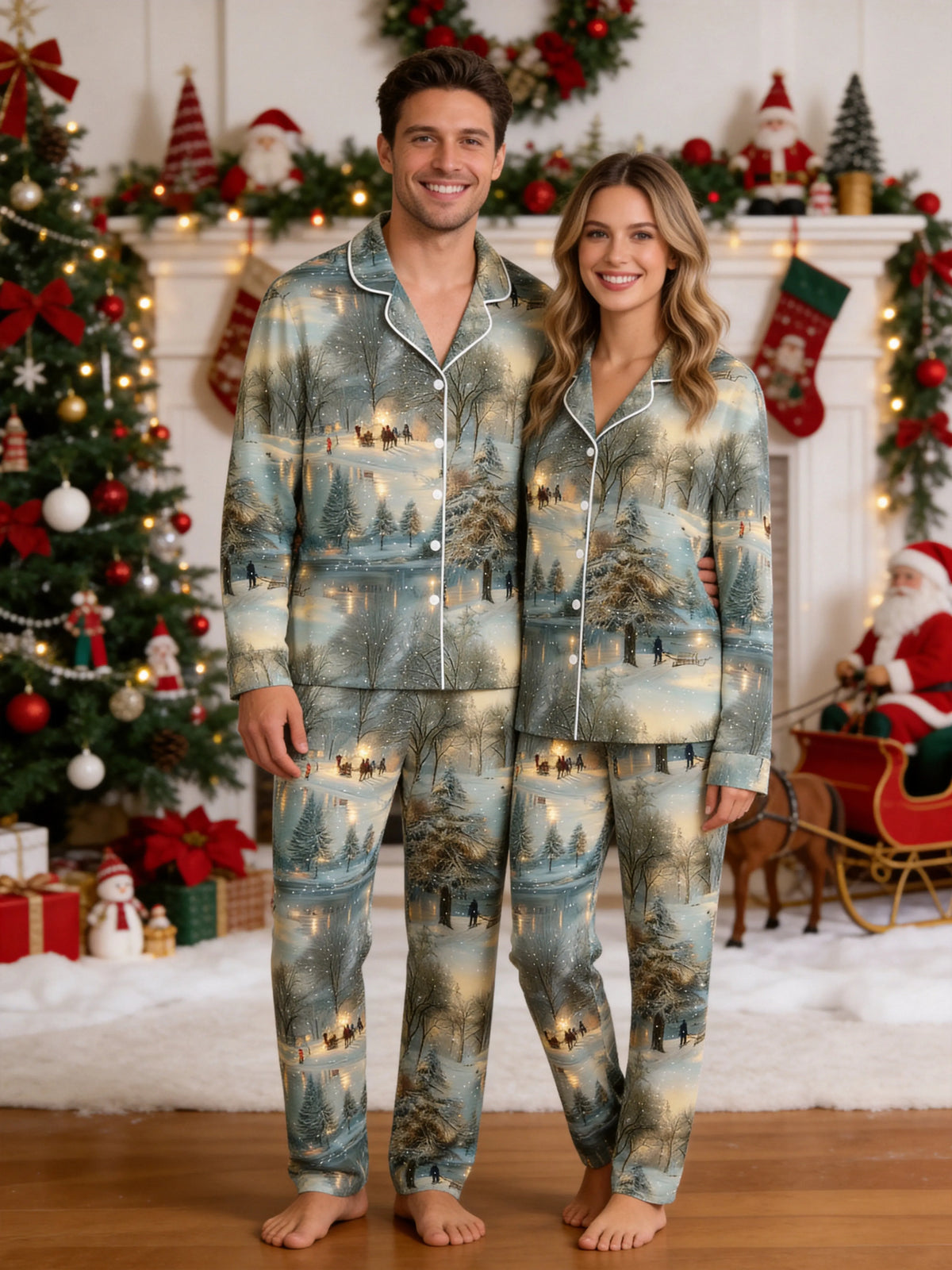 Peaceful Winter Forest Snowfall and Twilight Landscape Family Matching Pyjamas