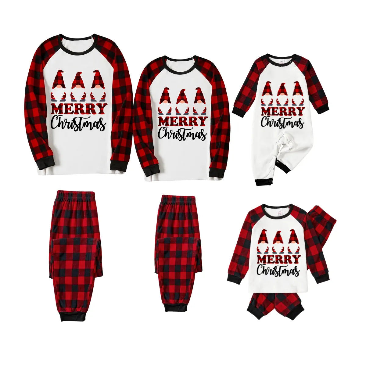 Merry Christmas Gnome Family Pajamas Set - White Top, Red Plaid Pants, Plaid Sleeves