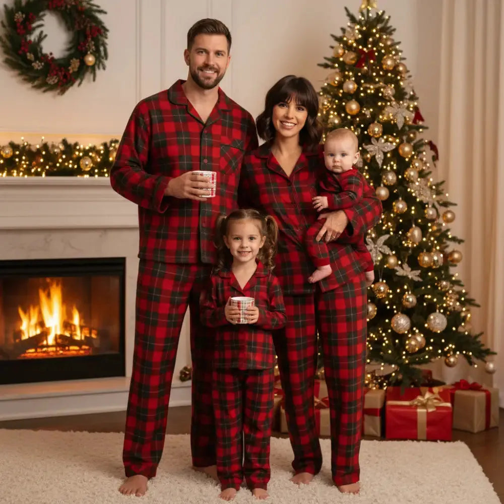 Christmas Family Matching Red and Green Plaid Button Up Long-sleeve Pajamas Sets