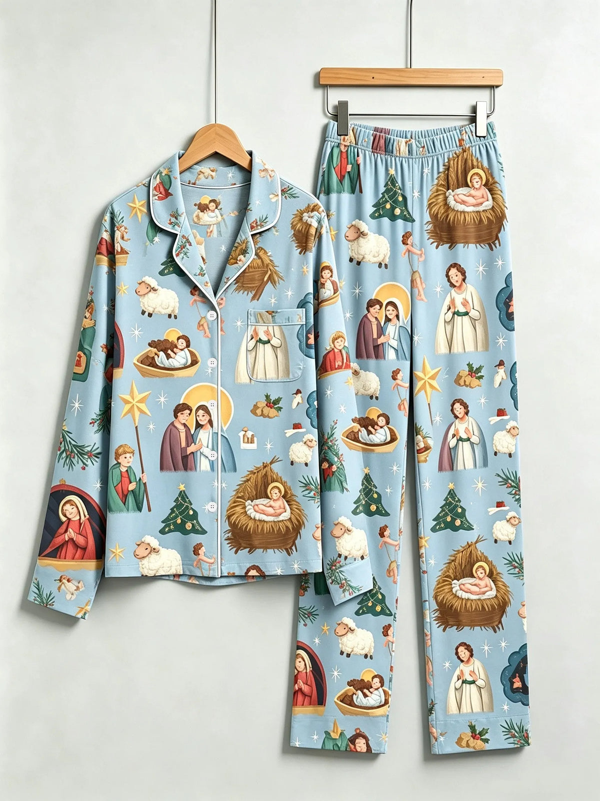 Holy Night Nativity Scene Jesus Family Christmas Two-Piece Button Up Long Sleeve Pants Pockets PJS Stable and Three Wise Men Print Festive Wear