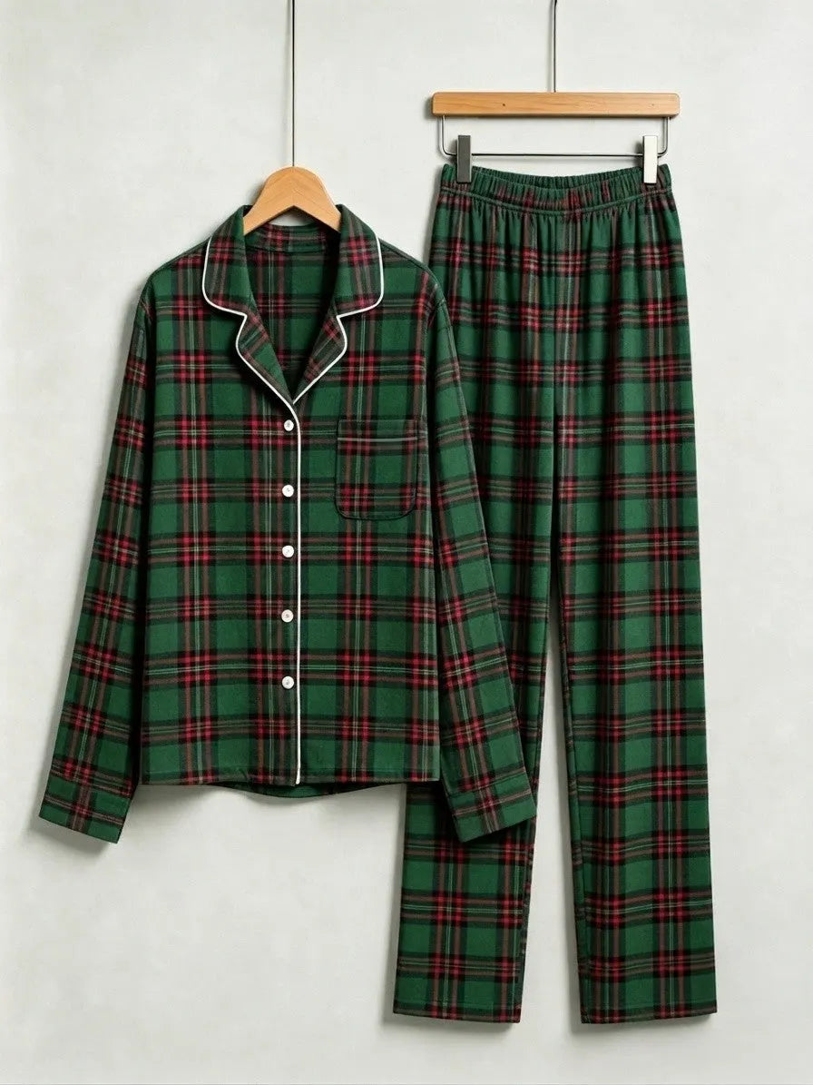 Matching Family Christmas Pajamas - Dark Green & Red Tartan Plaid Button-Down Sleepwear