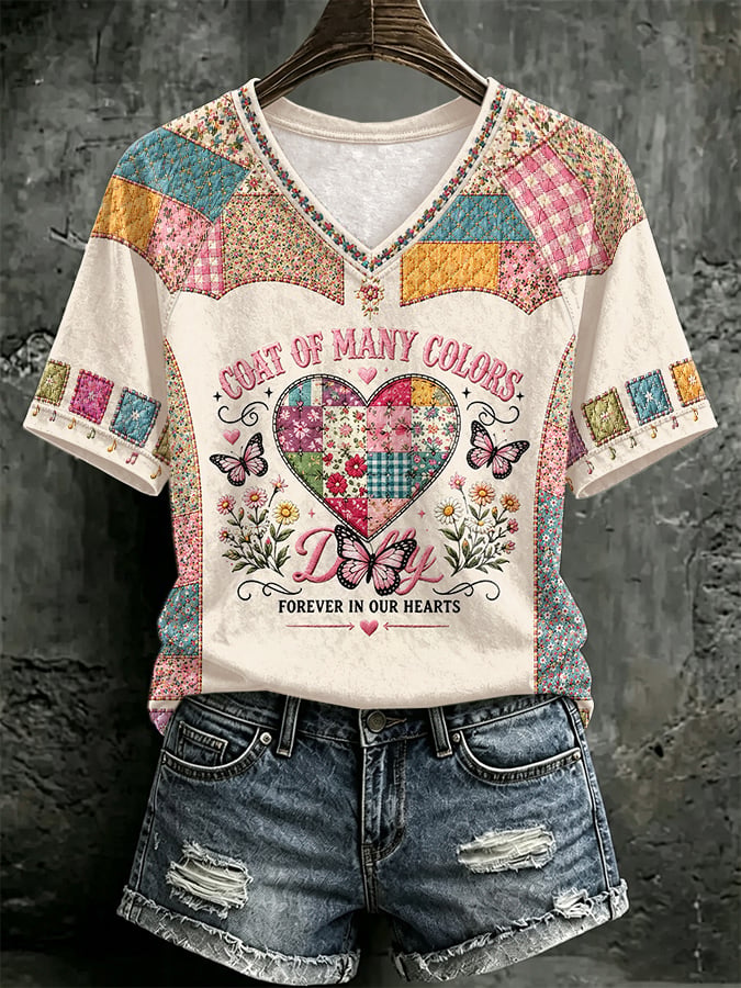 V Neck Retro Coat Of Many Colors Forever In Our Hearts Print T-Shirt