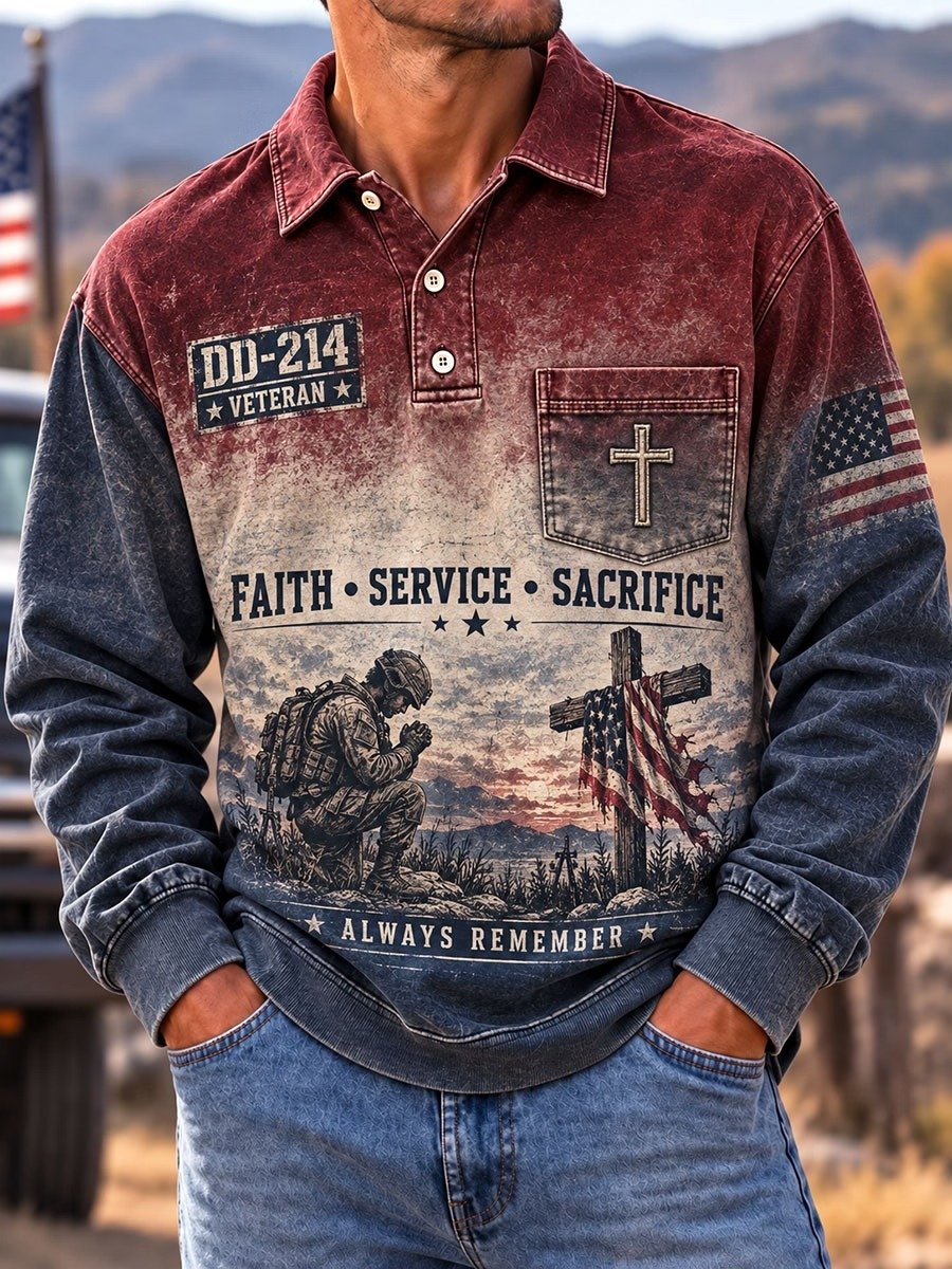 Men's Veteran DD-214 Print Long-Sleeve Polo Shirt