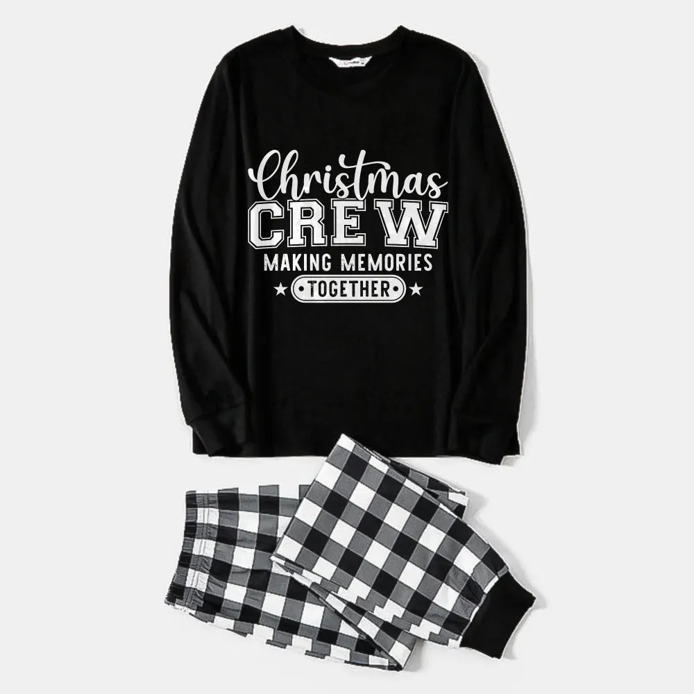 Black and White Plaid Christmas Pajamas Set With "Christmas Crew Making Memories Together" Black & White Text Print