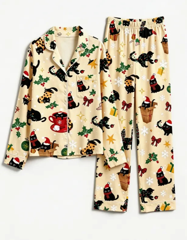 Christmas Black Cat & Festive Bow Print Matching Family Pajama Set, Button-Down Cotton Loungewear