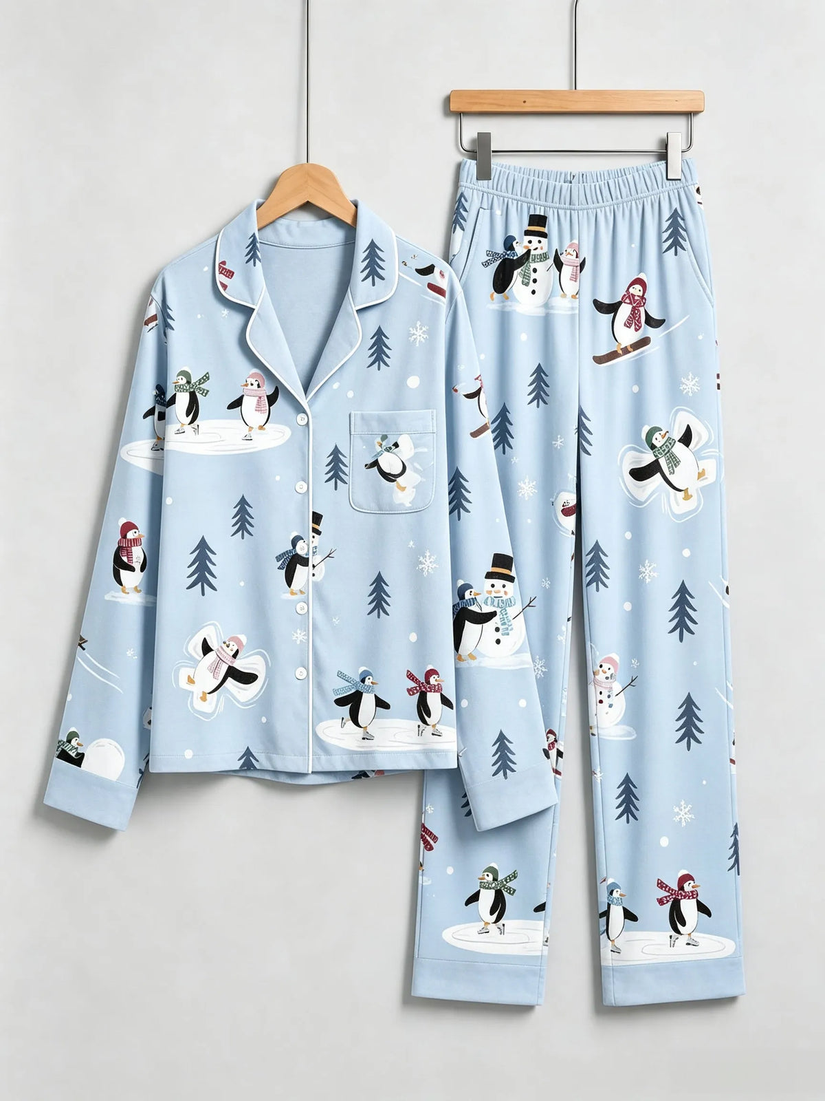 Merry Penguins Ice Skating & Snowman Light Blue Family Sleepwear Set