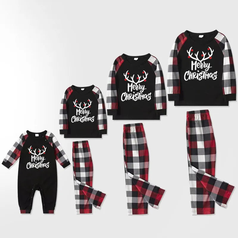 Merry Christmas Matching Family Pajamas Deer Print Black White Plaids Pajamas Set