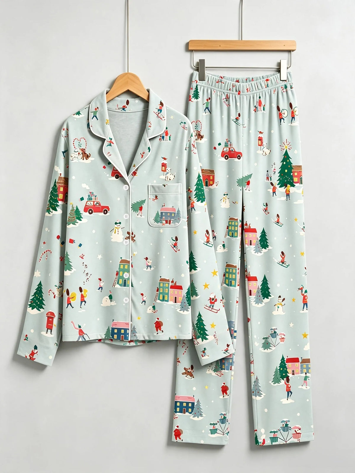 Matching Family Christmas Pajamas - Sage Green Winter Town & Skiing Print Button-Down PJs