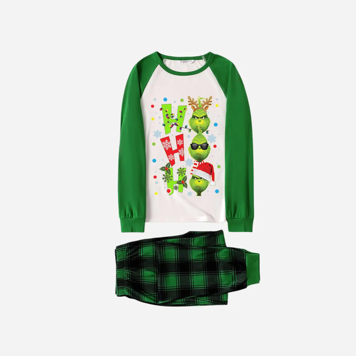 Green Raglan Top Green Plaid Christmas Pajamas Set With "ho ho ho" and Christmas Grinch Print