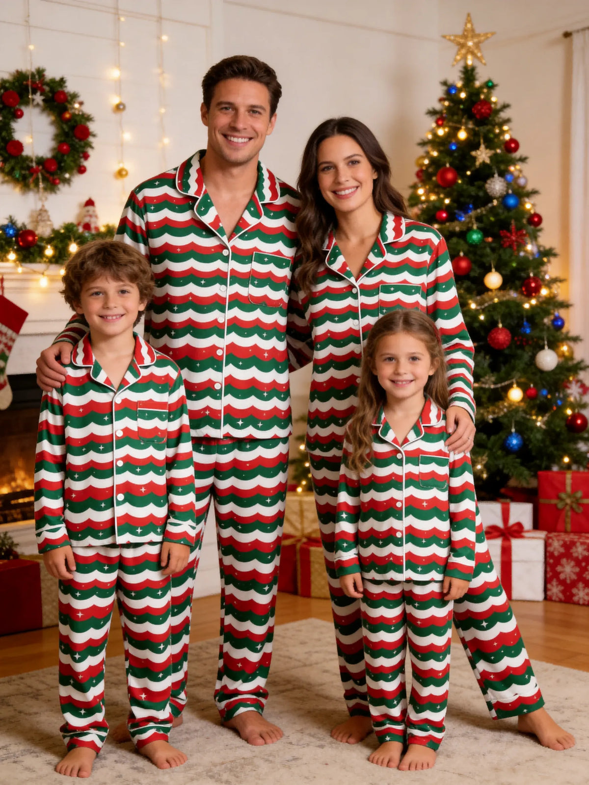 Matching Family Pajamas - Red & Green Wavy Stripe Starry Night Button up Pajamas