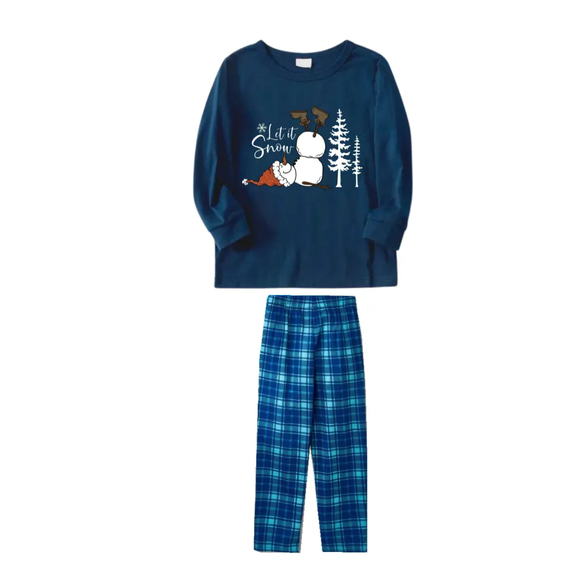 "Let it Snow" Slogan and Snowman Printed Blue Plaid Christmas Family Matching Pajamas
