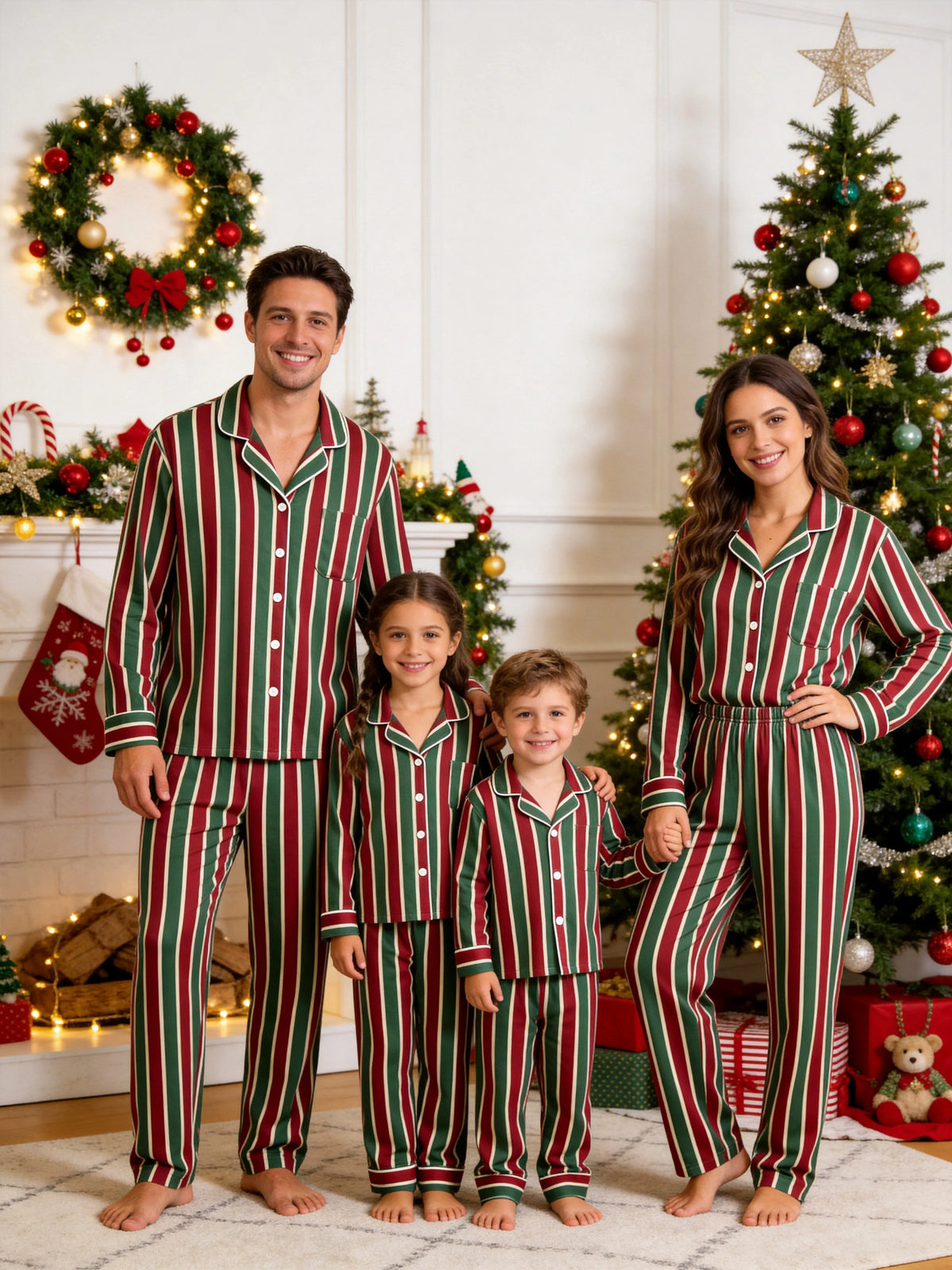 Matching Family Christmas Pajamas - Red & Green Vertical Striped Button-Down Sleep Set