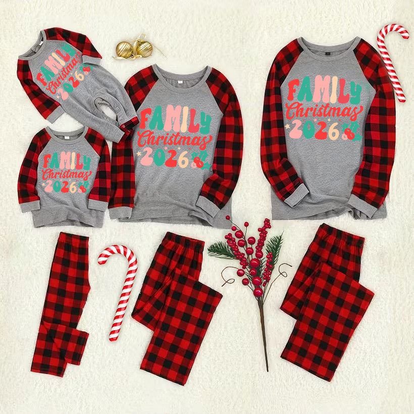 Christmas Cartoon Cat Patterned "Meowy Christmas" Letter Print Contrast top and Plaid Pants Family Matching Pajamas Set With Dog Bandana