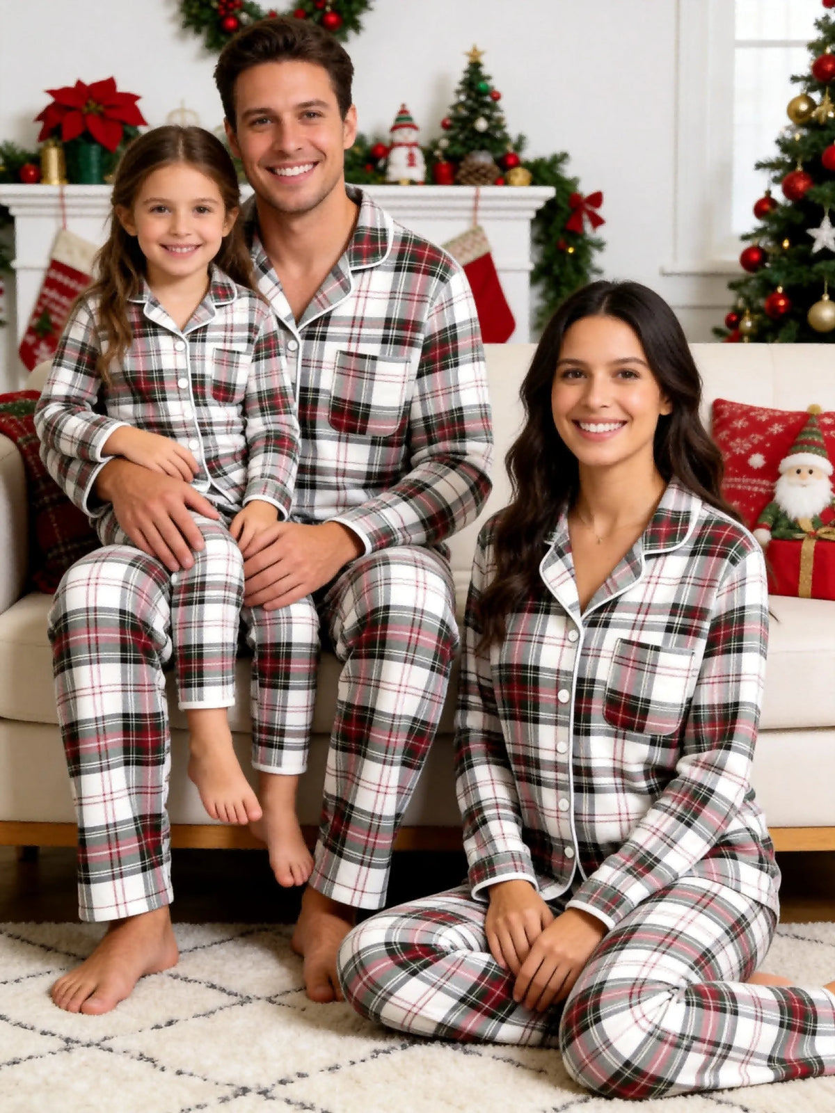 Fun Matching Family Christmas Two-Piece Button Up Long Sleeve PJS Set with Pockets Bright Red and White Plaid Festive Holiday Party Outfits for Family Photos