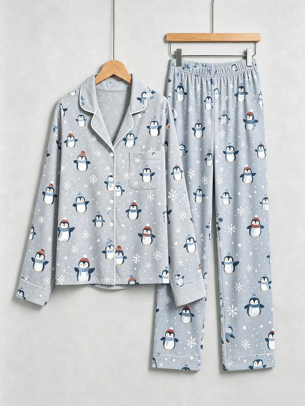 Matching Family Pajamas - Light Grey Winter Penguin & Snowflake Print Button up Pajamas