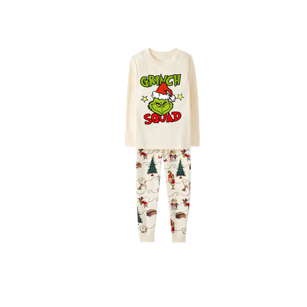 Beige Christmas Pattern Print Christmas Pajamas Set With Grinch and "Grinch Squad" Print