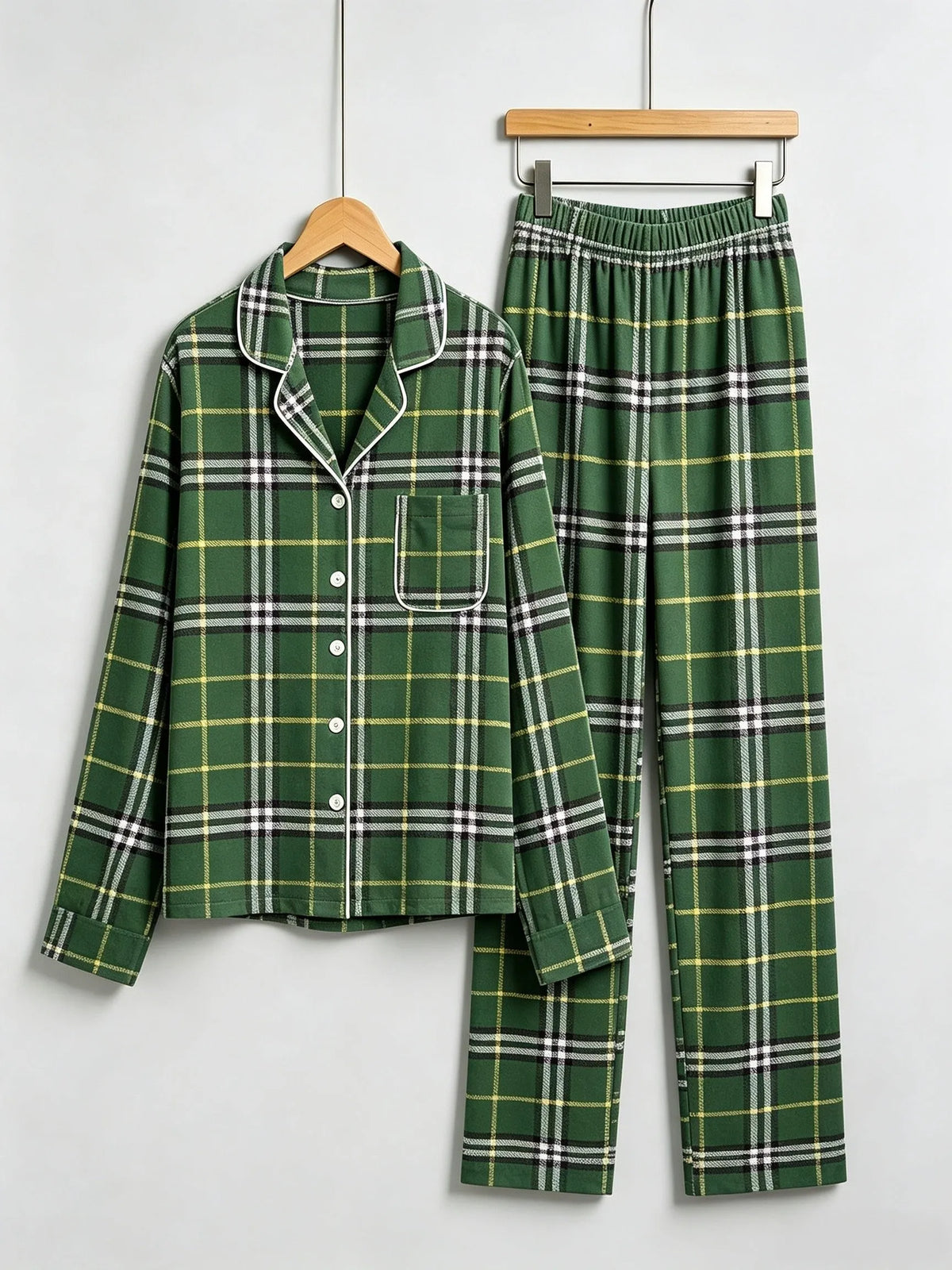 Matching Family Christmas Pajamas - Green & White Windowpane Plaid Button-Down Set