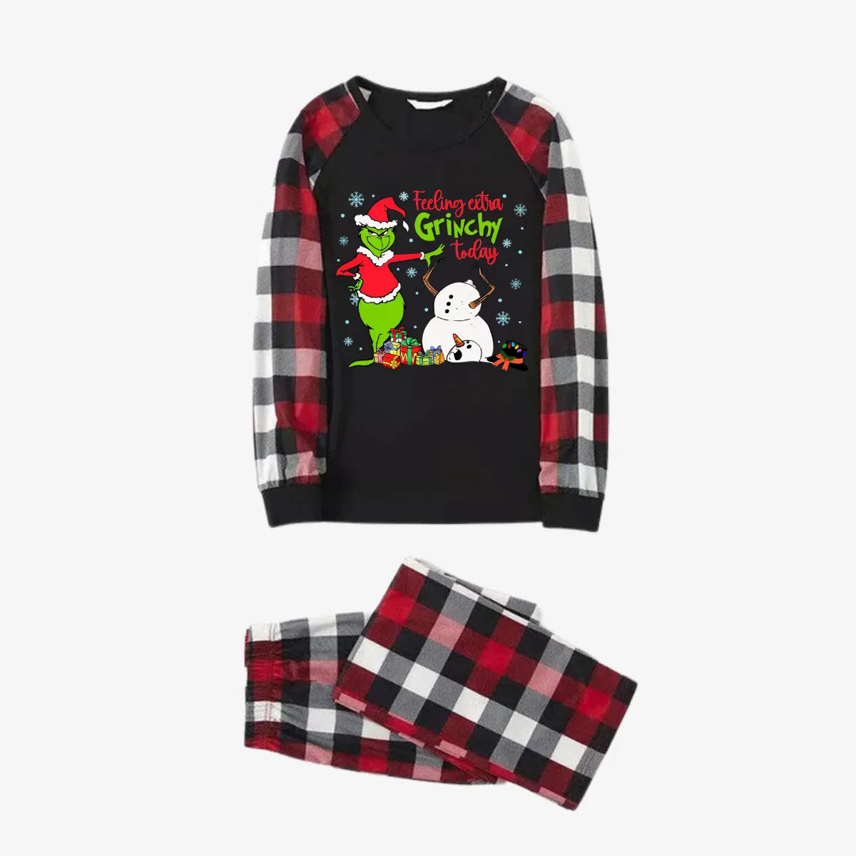 Red and Gray Plaid Christmas Pajamas Set With Grinch and Snowman Print
