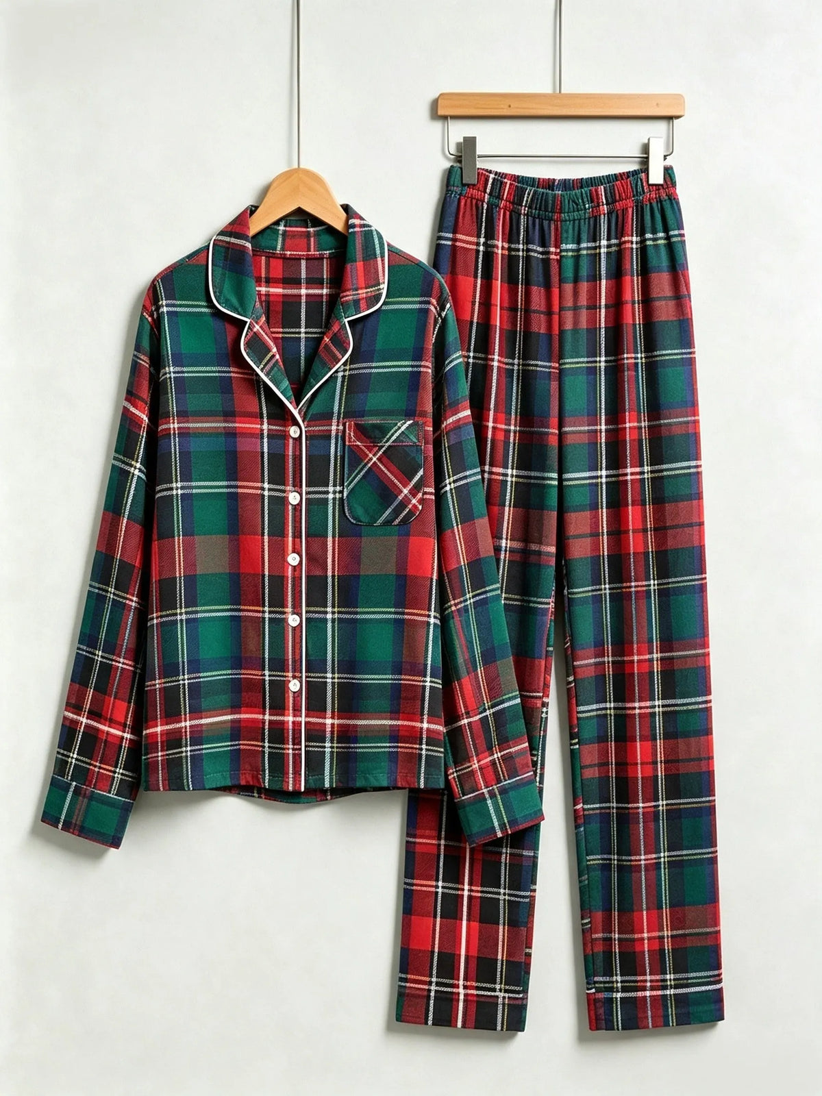 Classic Red & Green Colorblock Tartan Plaid Family Christmas Pajamas - Button-Down Sleep Set