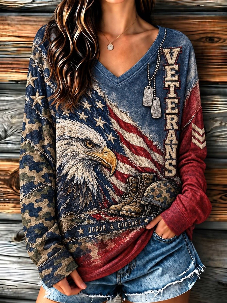Women's U.S. Veterans Day Veteran Faith Art Print Casual Long-Sleeve T-Shirt