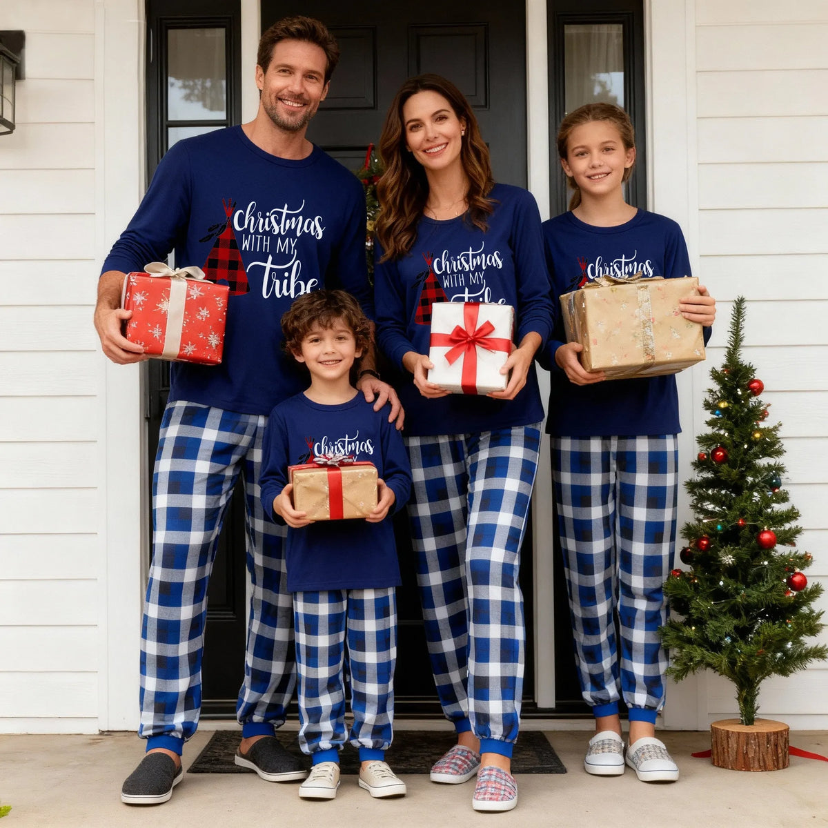 "Christmas With My Tribe" Pattern Blue Long Sleeves with Blue&White&Black Plaid Pants Family Matching Pajamas